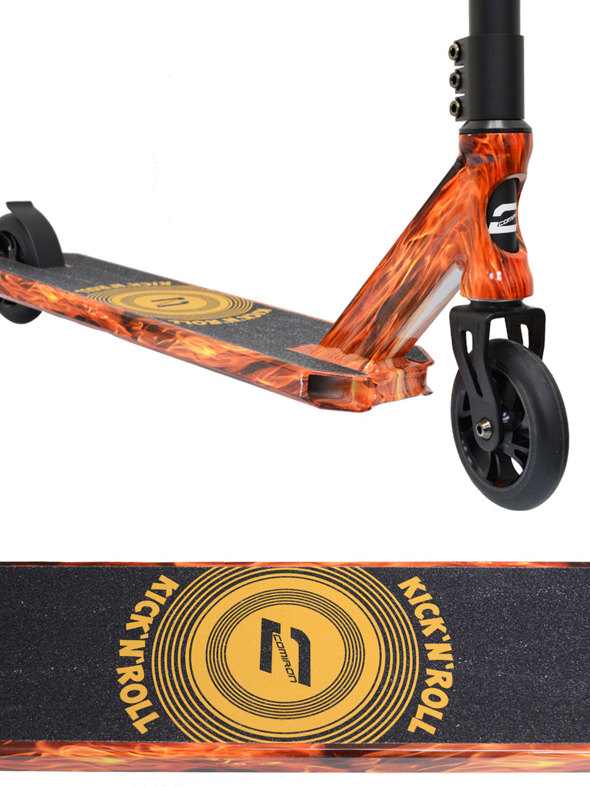 Самокат трюковый COMIRON Kick’N’Roll 325, компрессия HIC, дека 52х12см, колеса 110мм PU, обода Alloy 6061, ABEC 9, T - руль Cr-Mo4130/уп 4/ ОГНЕННЫЙ