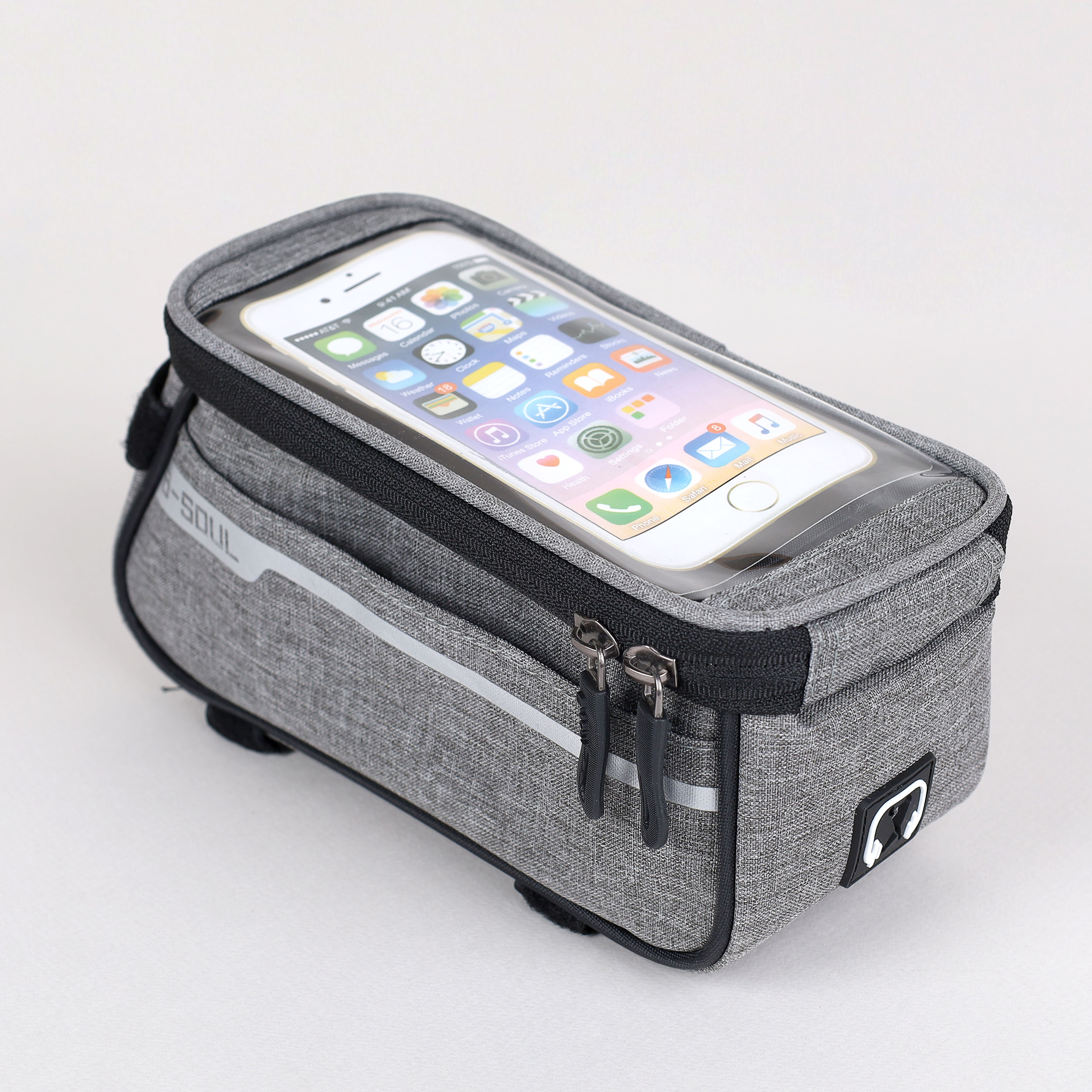 Сумка велосипедная на раму BICYCLE SOUL, с отделением для смартфона 6.0", основной отсек на молнии, серая, 21x10.5x9см. /уп 50/