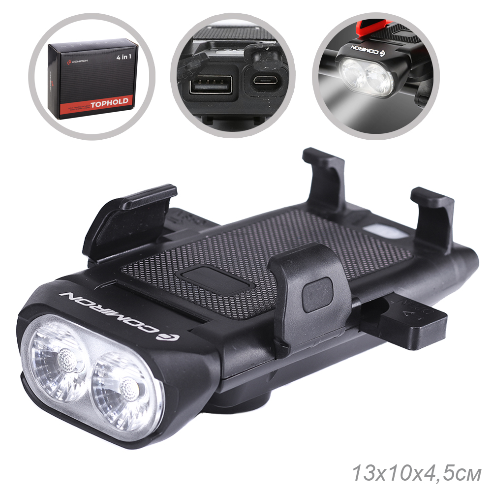 Фонарь передний COMIRON "TOPHOLD" ABS IPX5 2*T6 LED 500lm 3000mAh USB индикатор заряда POWER BANK 3 режима сигнал 130Дб крепление смартфона /уп 10/60/