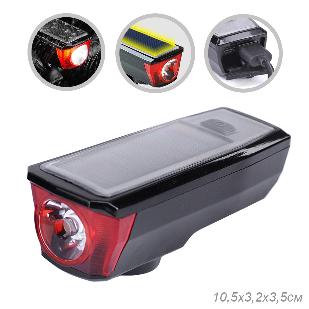 Фонарь передний COMIRON "SUNPOWER", корпус: ABS, свет: T6, 350lm, 2000mAh, 4 режима, USB-micro, солнечная батарея, POWER BANK, сигнал /уп 80/