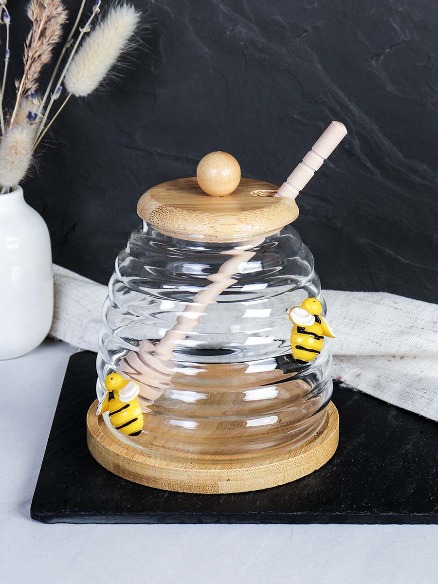 Банка для меда с ложкой на подставке бамбуковая крышка 500 мл Пчелка / 9664 /уп 100/*