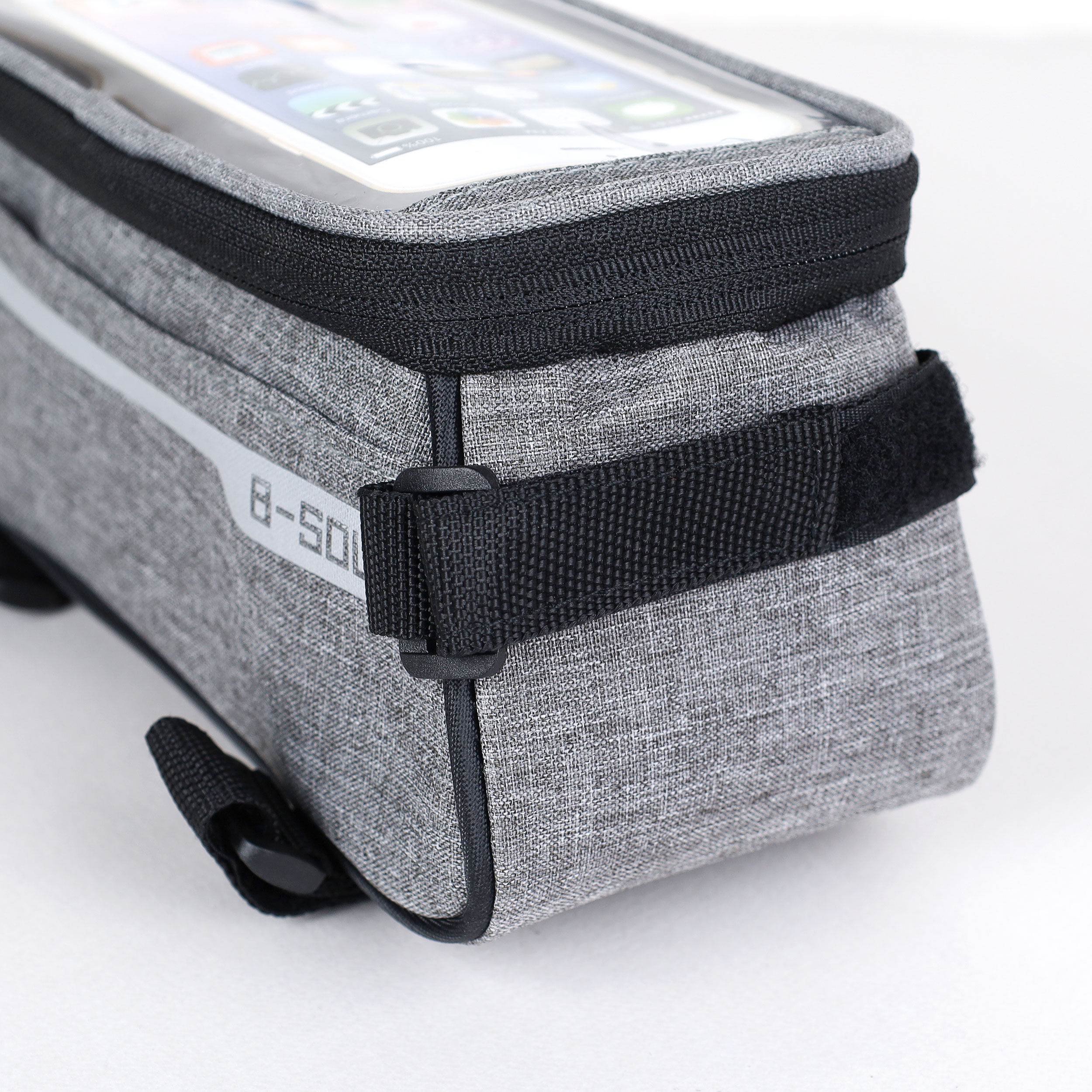 Сумка велосипедная на раму BICYCLE SOUL, с отделением для смартфона 6.0", основной отсек на молнии, серая, 21x10.5x9см. /уп 50/