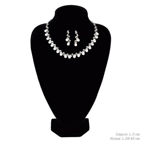 Колье со стразами и серьги гвоздики 3 см / 6395 /уп 12/серебро/жемчуг