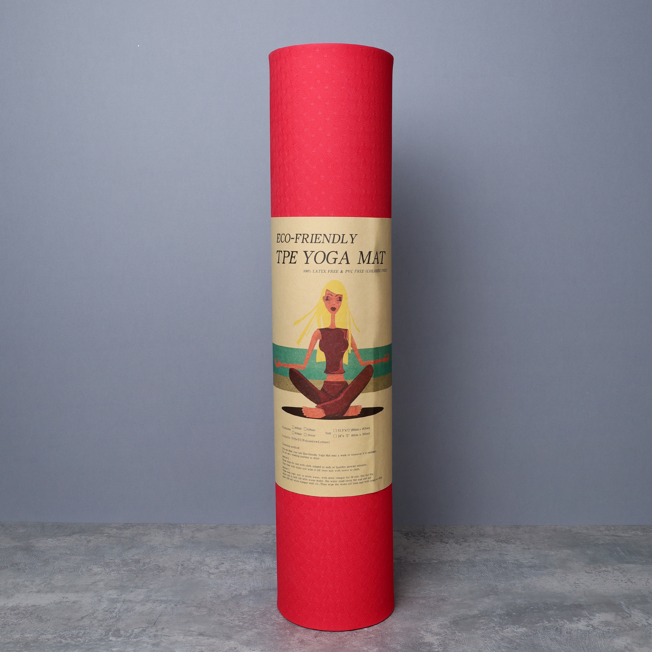 Коврик для йоги и фитнеса спортивный гимнастический двухслойный TPE 6мм. 183х61х0,6 цвет: красный / YM2-TPE-6R / уп 12/