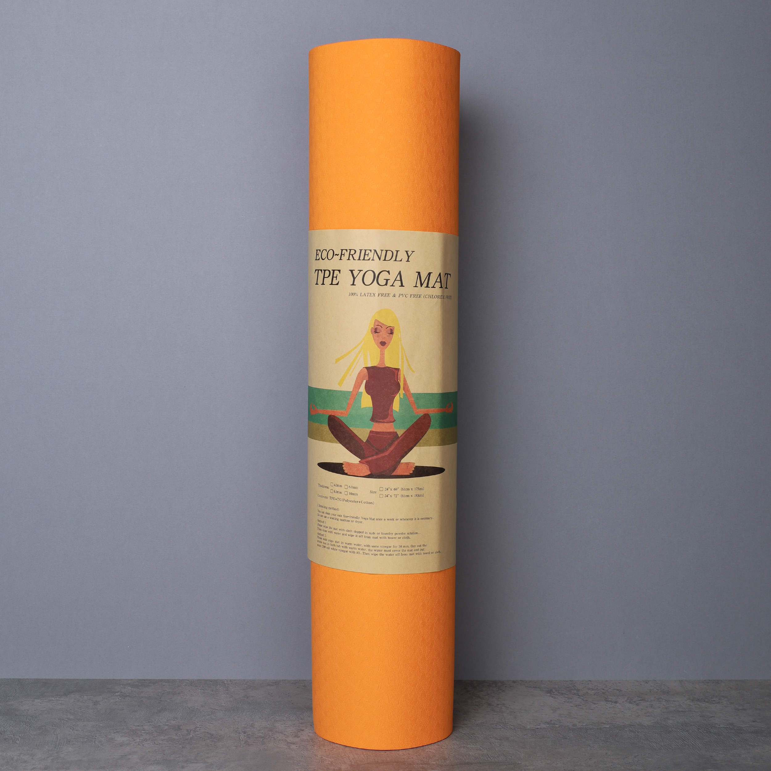 Коврик для йоги и фитнеса спортивный гимнастический двухслойный TPE 6мм. 183х61х0,6 цвет: оранжевый / YM2-TPE-6O / уп 12/