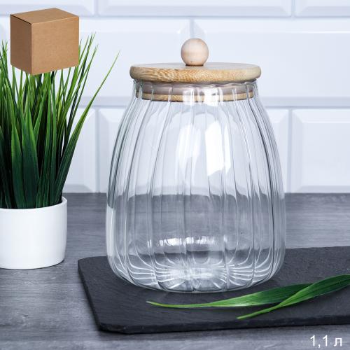 Банка для сыпучих бамбуковая крышка Бочонок рифленая 1100 мл / LCSC2433 /уп 60/