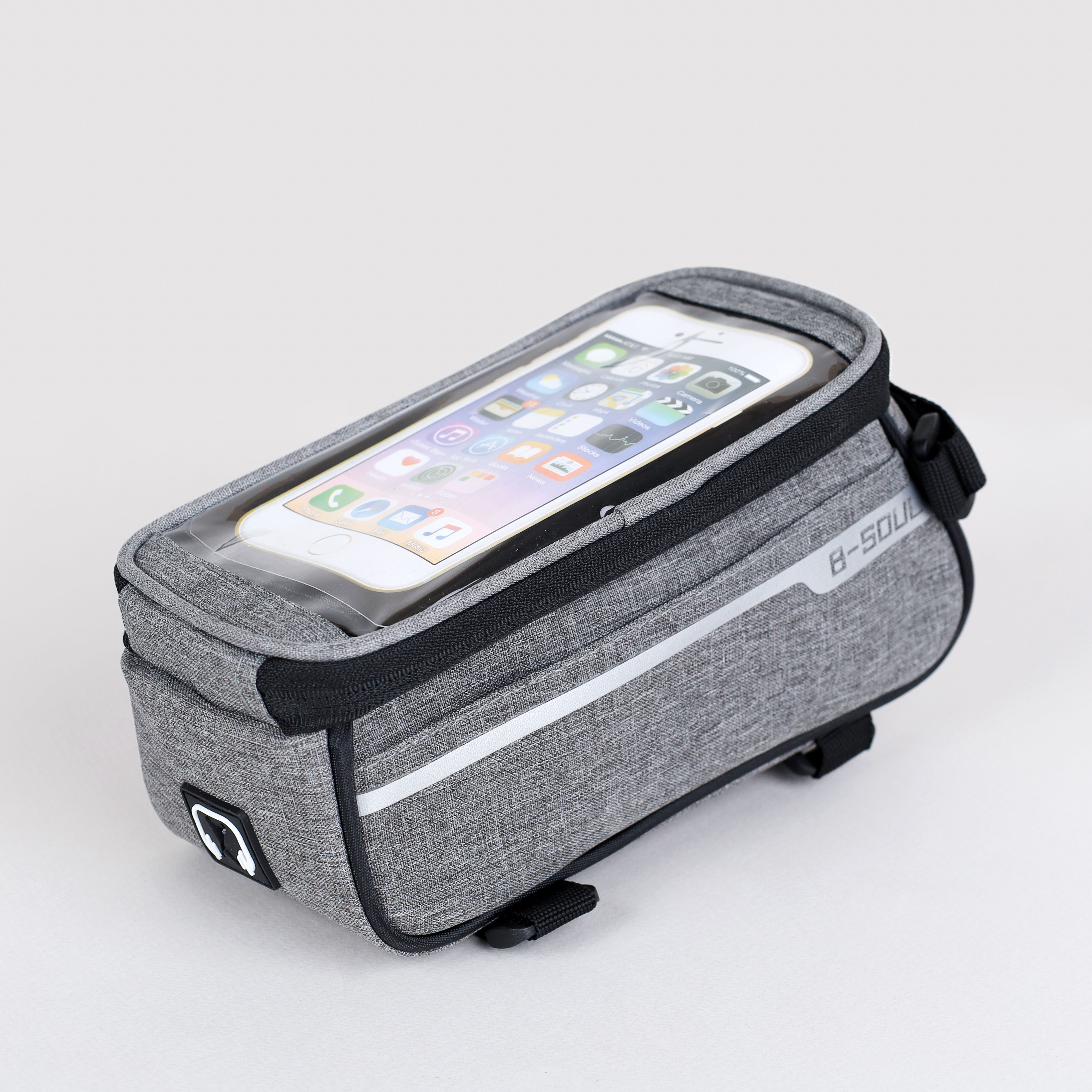 Сумка велосипедная на раму BICYCLE SOUL, с отделением для смартфона 6.0", основной отсек на молнии, серая, 21x10.5x9см. /уп 50/