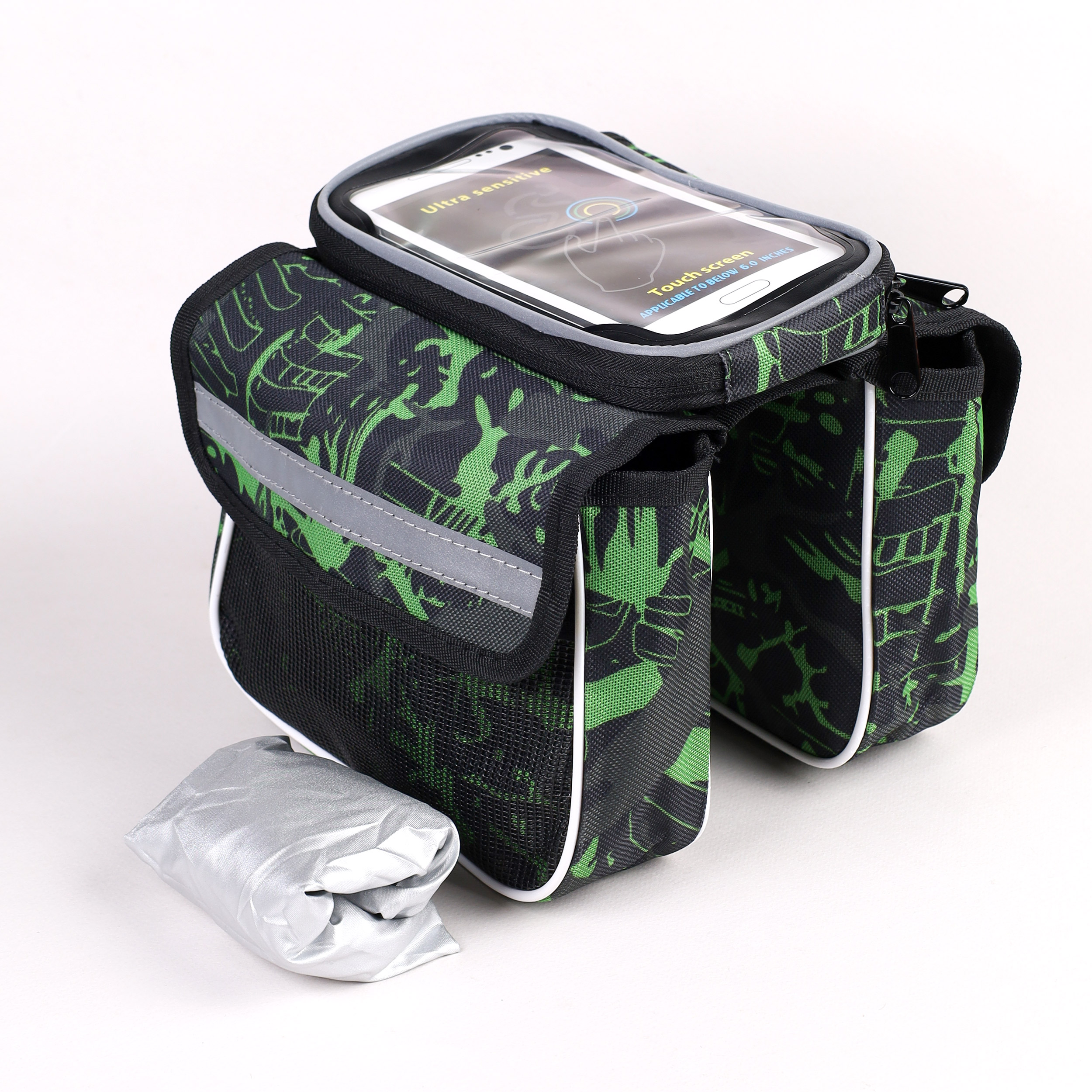 Сумка велосипедная на раму BICYCLE SOUL, с отделением для смартфона, боковые отсеки на липучке. 19*10.5*15см. Зеленый /уп 50/