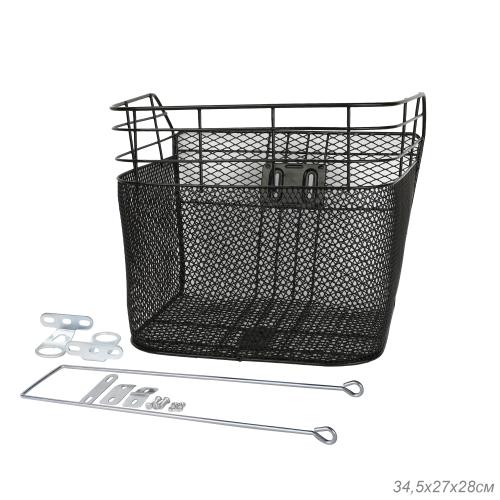 Корзина для велосипеда металлическая, с креплением на переднее колесо. 2 кронштейна на рулевую колонку.  Черная. / 1DVMI-15 / уп 20