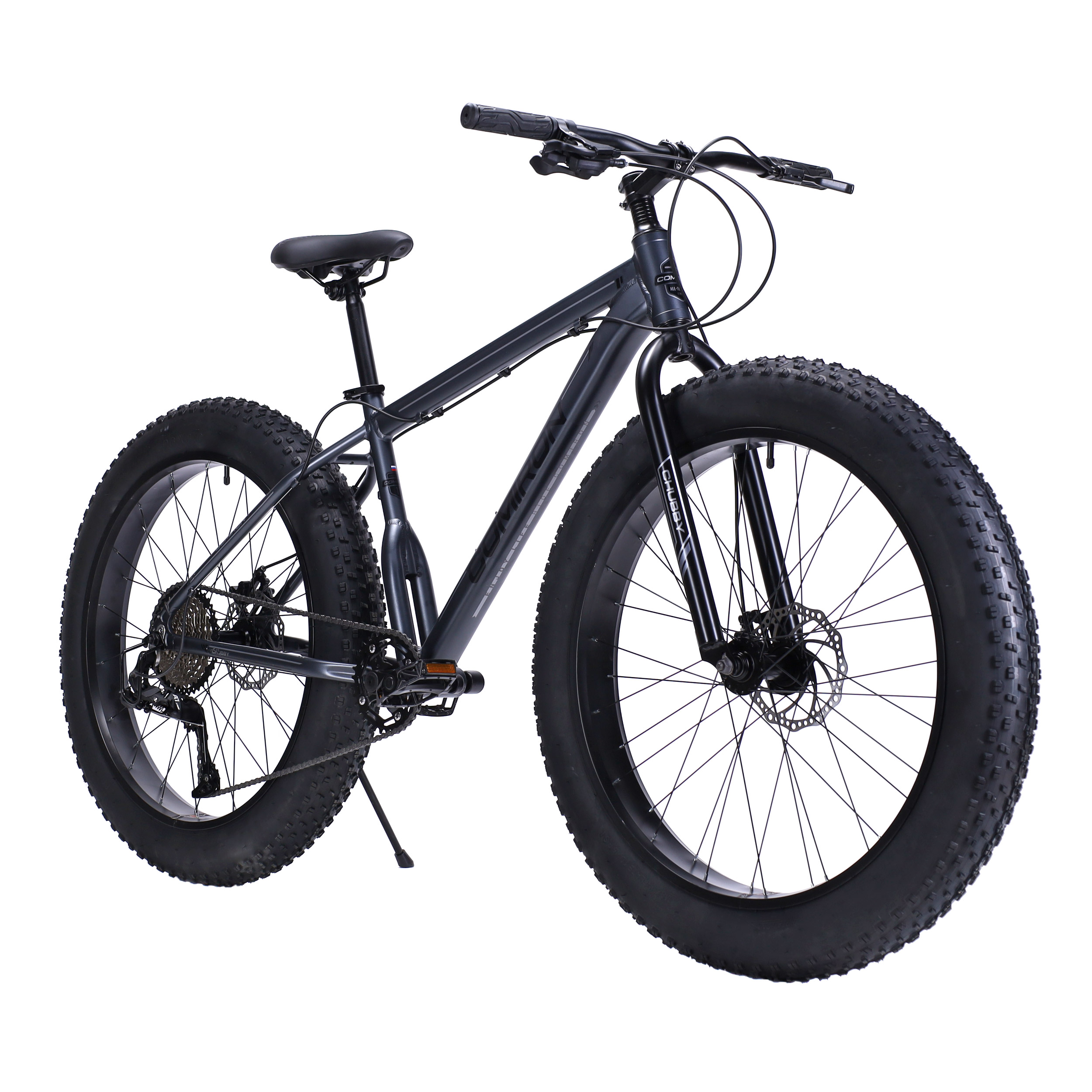 Велосипед фэт-байк 26"x4" рама 21" COMIRON CHUBBY, 1*10sp L-TWOO, 34T, CASSETE 11-42T, HARD FORK, чёрно-серый mustang