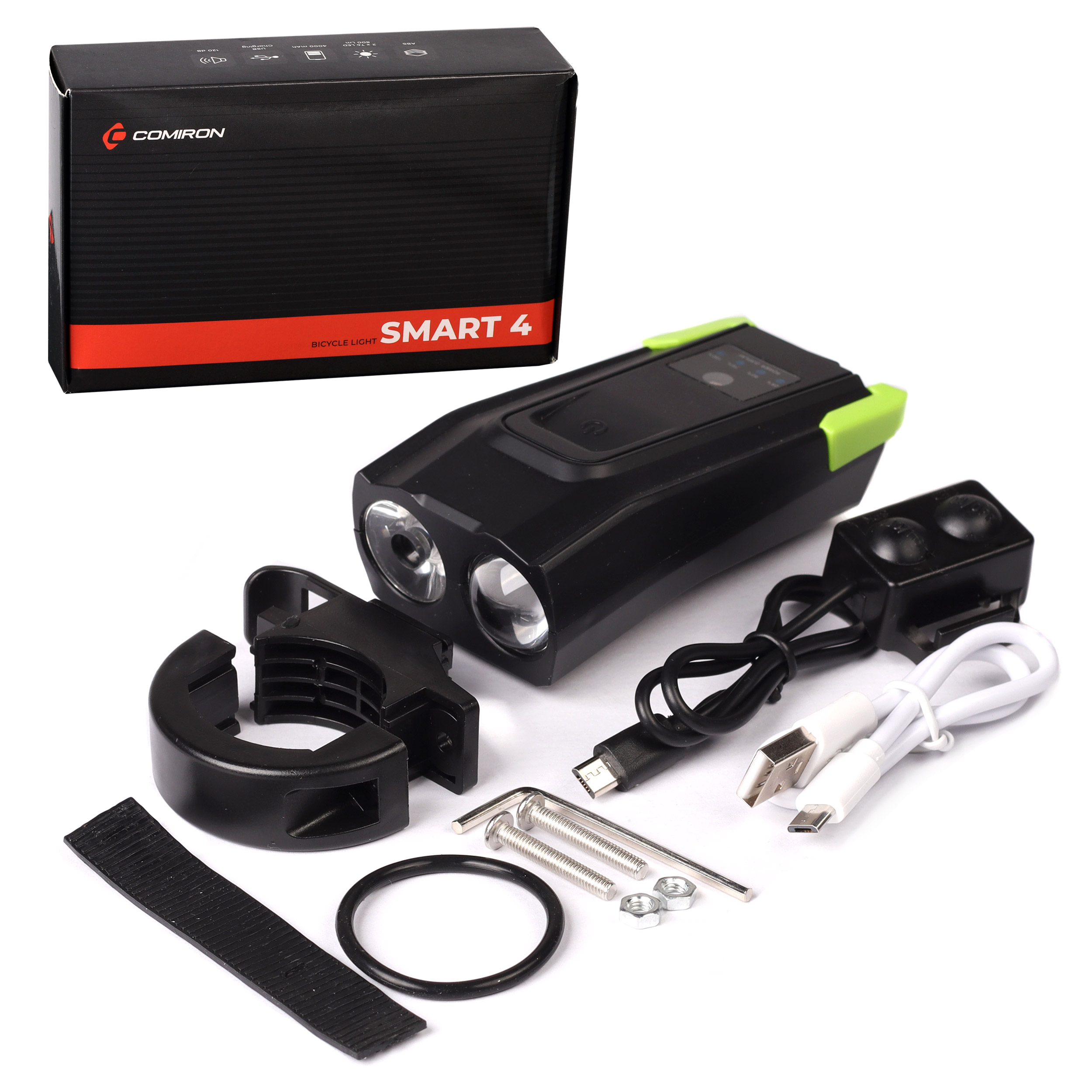 Фонарь передний  интеллектуальный COMIRON "SMART4" ABS; свет: 2xT6, 800lm; 4000 mAh USB ближний/дальний свет, сигнал 120Дб. 5 режимов зелёный /уп 100/