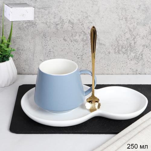 Чайная пара 3 предмета 250 мл с ложкой / FED-119 / Голубая