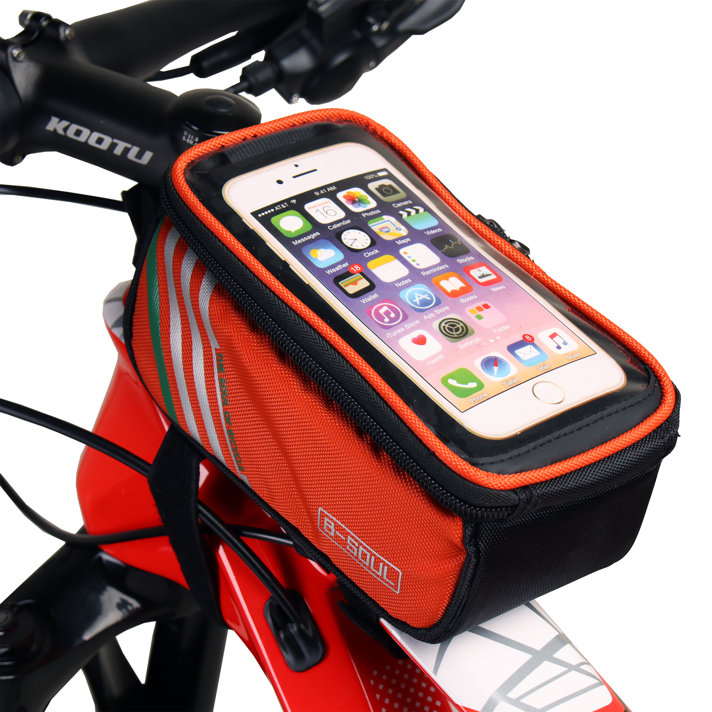 Сумка велосипедная на раму BICYCLE SOUL, с отделением для смартфона, основной отсек на молнии, боковой карман-сетка, оранжевая, 18.5х10х9см. /уп 50/