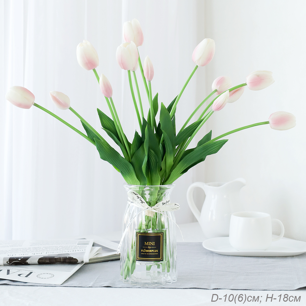 Ваза для цветов 18 см прозрачная с лентой этикетка / WRD-141 /уп 30/ без и/уп