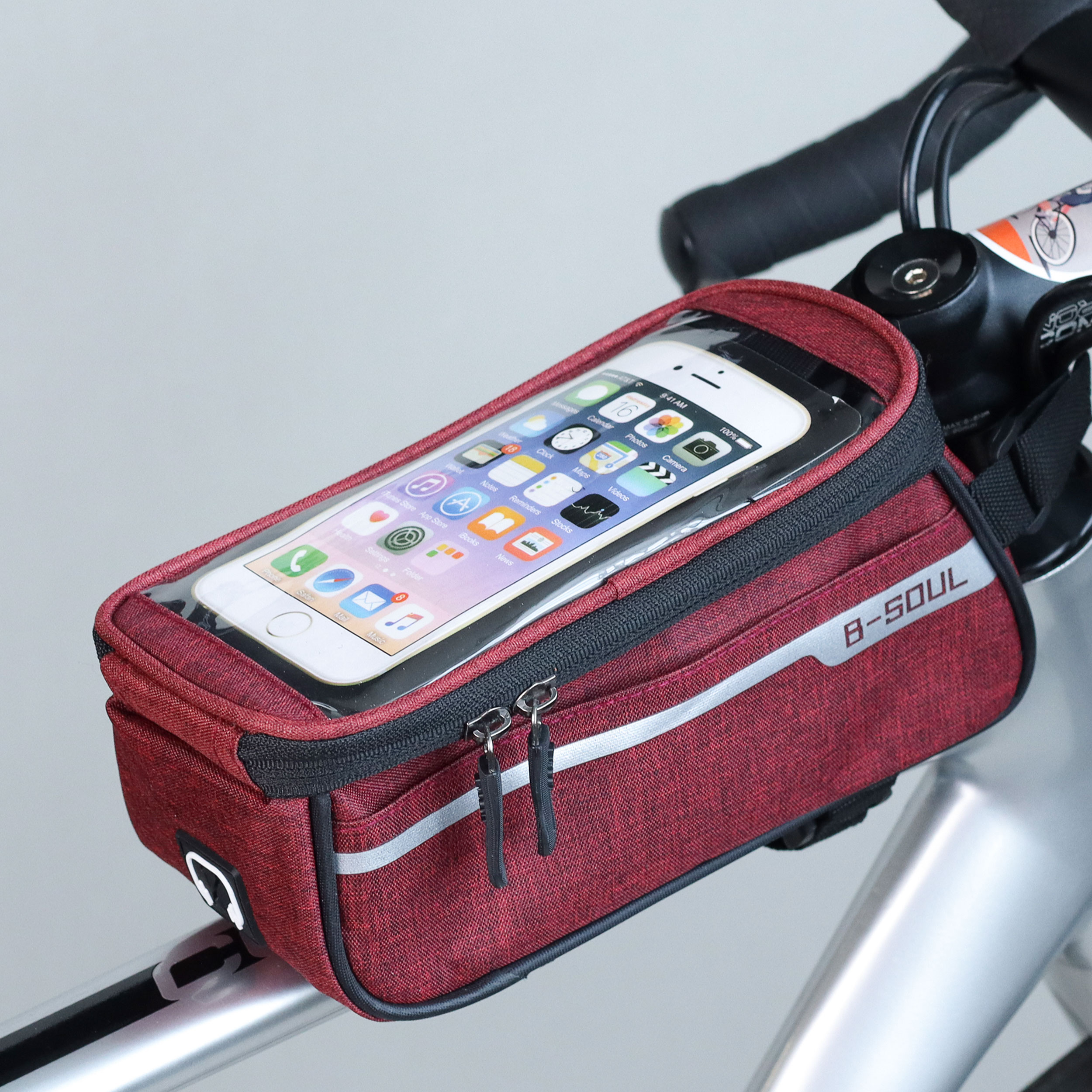 Сумка велосипедная на раму BICYCLE SOUL, с отделением для смартфона 6.0", основной отсек на молнии, бордовая, 21x10.5x9см. /уп 50/