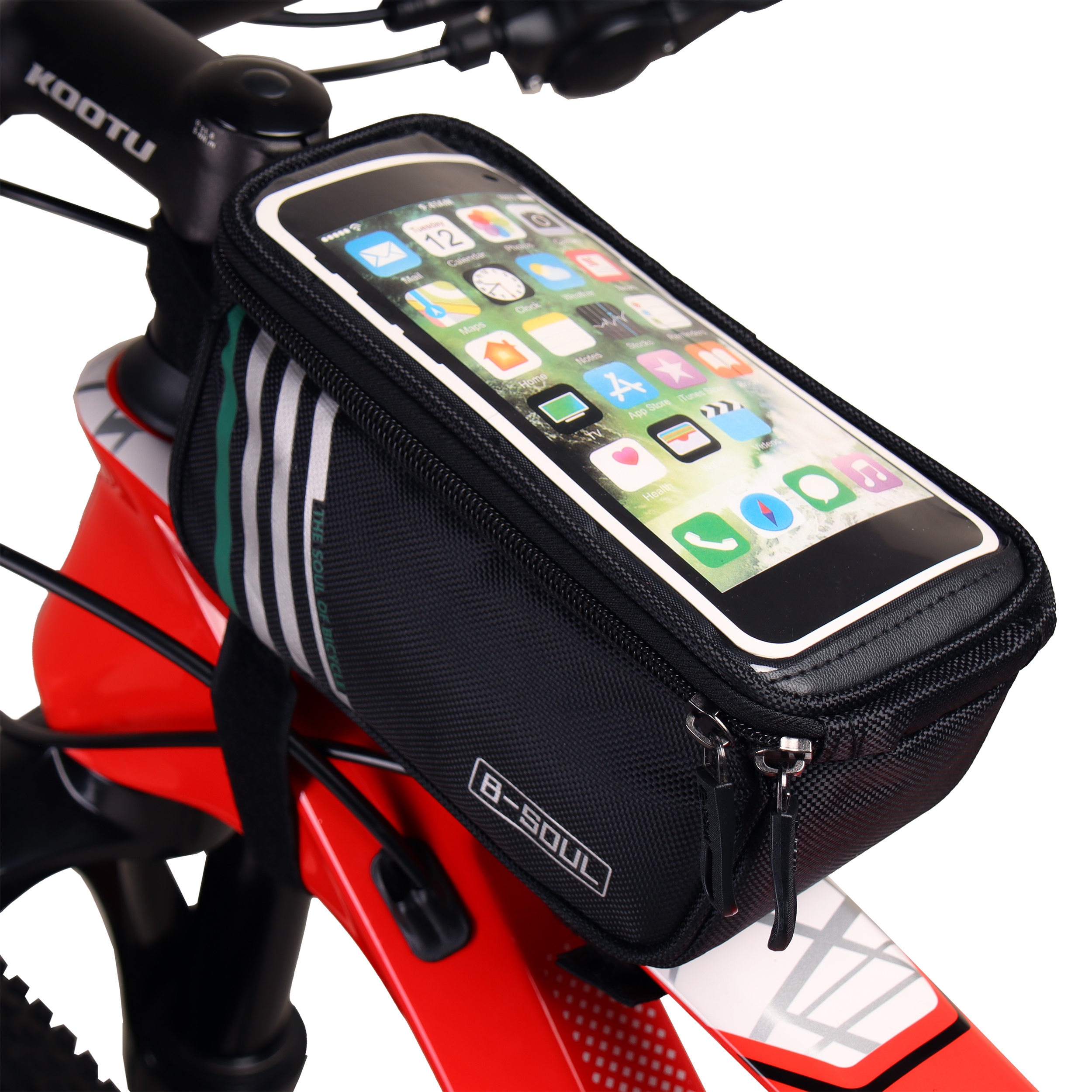 Сумка велосипедная на раму BICYCLE SOUL, с отделением для смартфона, основной отсек на молнии, боковой карман-сетка, чёрная, 18.5х10х9см. /уп 50/