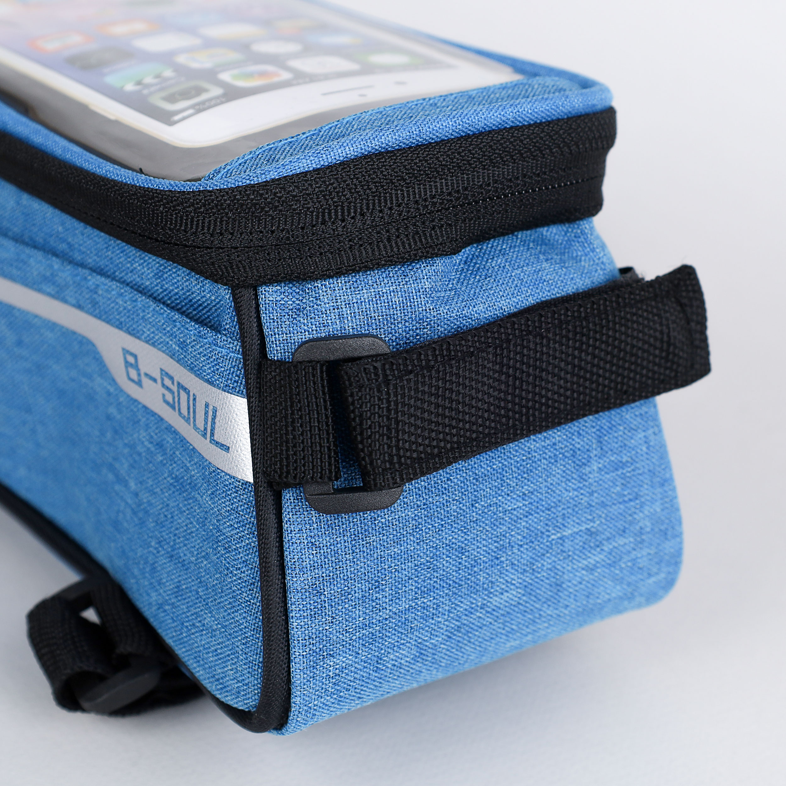 Сумка велосипедная на раму BICYCLE SOUL, с отделением для смартфона 6.0", основной отсек на молнии, голубая, 21x10.5x9см. /уп 50/