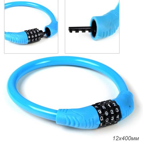 Замок тросовый кодовый R-LOCK 02, 4 разряда, 12х400мм, стальной трос, тактильно приятный PVC, вес 140 гр, синий /уп 200