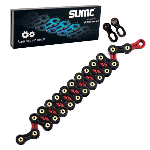 Велосипедная цепь SUMC SX12SL, 12 speed, 1/2"x11/128", 126 звеньев, суперлайт 244 г (SHIMANO M9100 / KMC DLXC12), ГОСТ 30442-97 ISO 9633, BLACK-RED