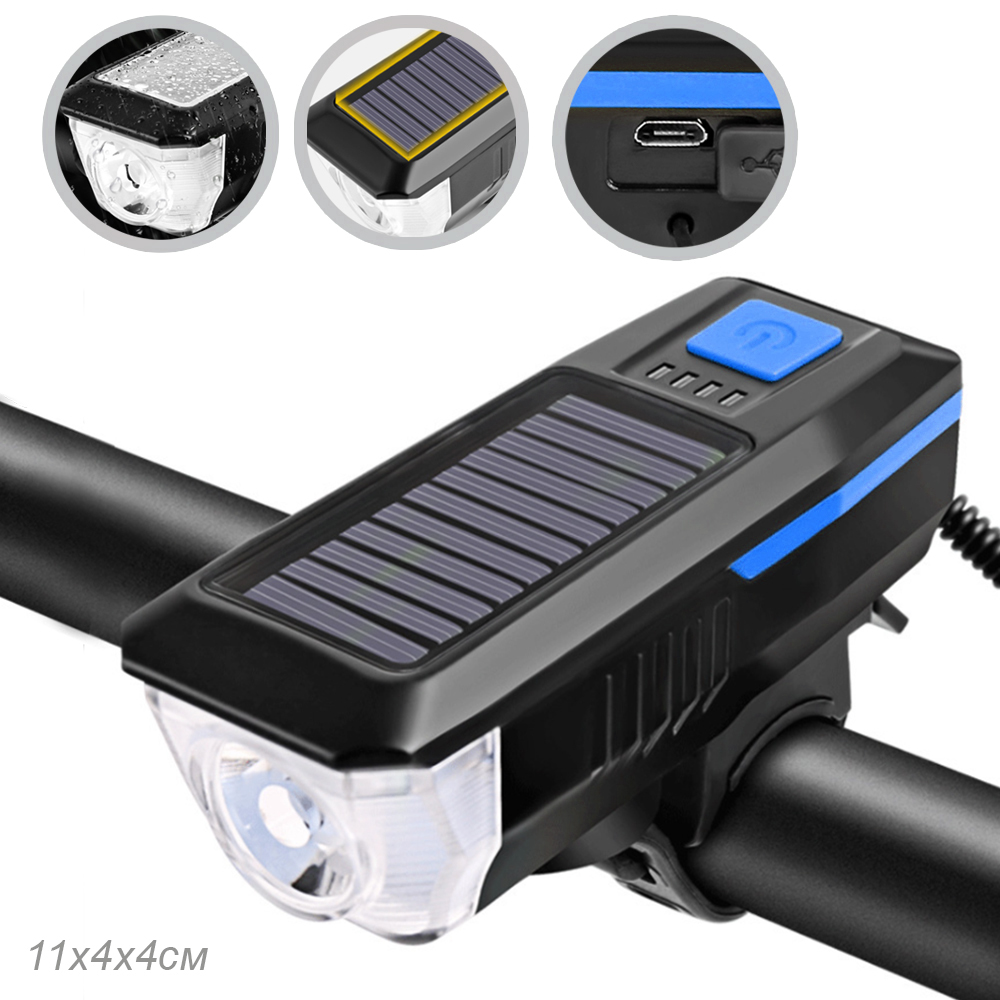 Фонарь передний COMIRON "SUN2" корпус ABS IPX4 свет T6, 350lm; аккум 2000 mAh USB сигнал 120Дб влагозащищённый подзарядка от солнца синий /уп 30/120/