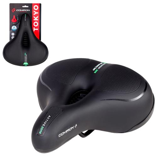 Седло велосипедное комфортное COMIRON TOKYO C012 265x220, Технологии: ED, MEMORY FOAM, Верх: PU с пресс. принтом, Цвет: Чёрный+:Зелёный/ АКЦИЯ /уп 20/