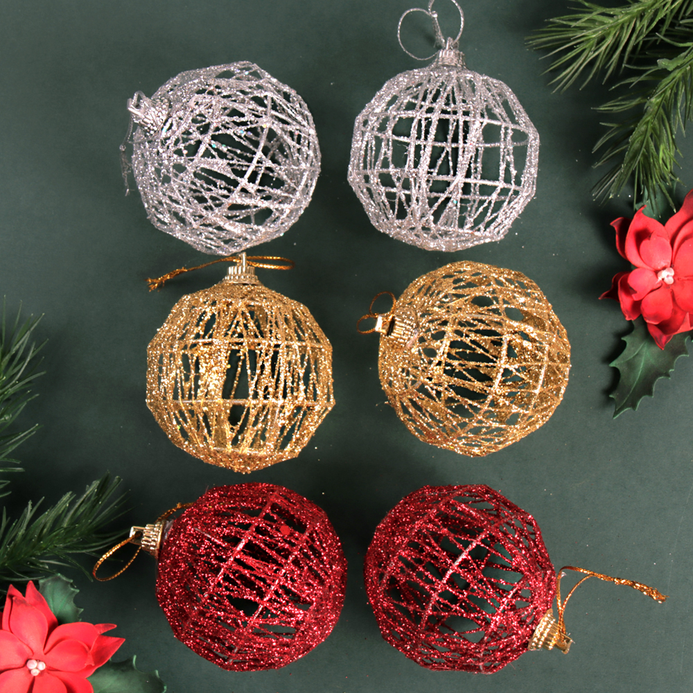 Елочное украшение Шар Ажурный 6 штук 6 см / SF2023-125 /уп 133/ зол. сер. кр.