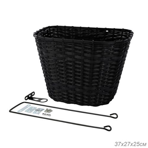 Корзина для велосипеда пластик/ плетеная черная с креплением на переднее колесо под резьбовую вилку 2 кронштейна на рулевую колонку / QY-CRCL-07/уп 30