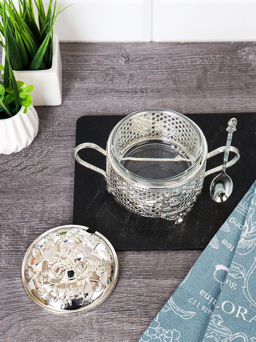 Сахарница 200 мл с ложкой / 889-3-SILVER /уп 96/