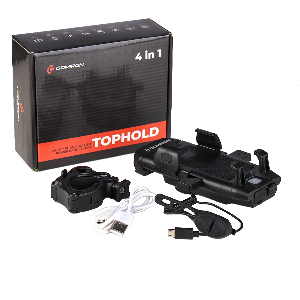 Фонарь передний COMIRON "TOPHOLD" ABS IPX5 2*T6 LED 500lm 3000mAh USB индикатор заряда POWER BANK 3 режима сигнал 130Дб крепление смартфона /уп 10/60/