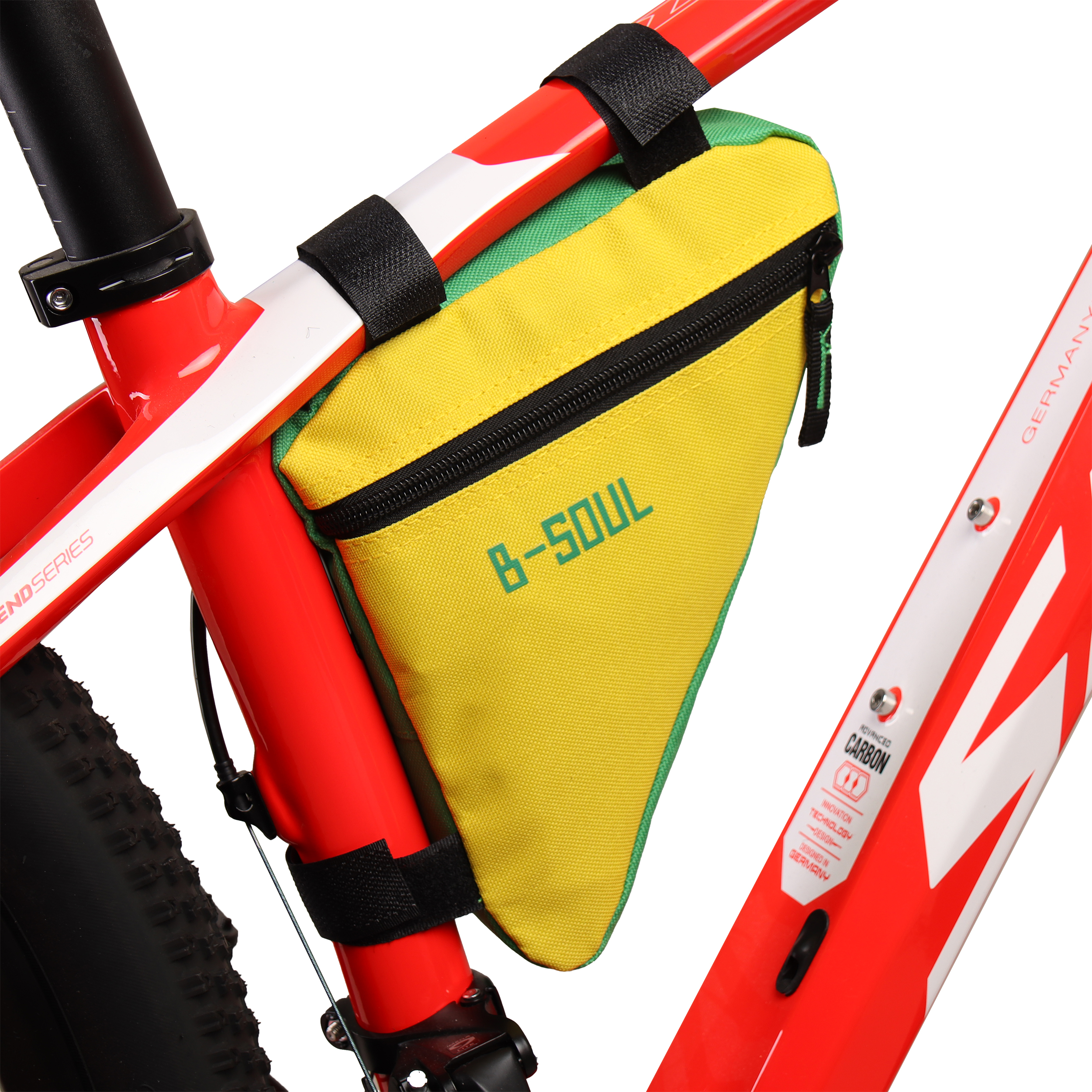 Сумка велосипедная подрамная BICYCLE SOUL, с боковой молнией, крепление velcro, жёлто-зелёная, 20х18,5х4см. /уп 100/