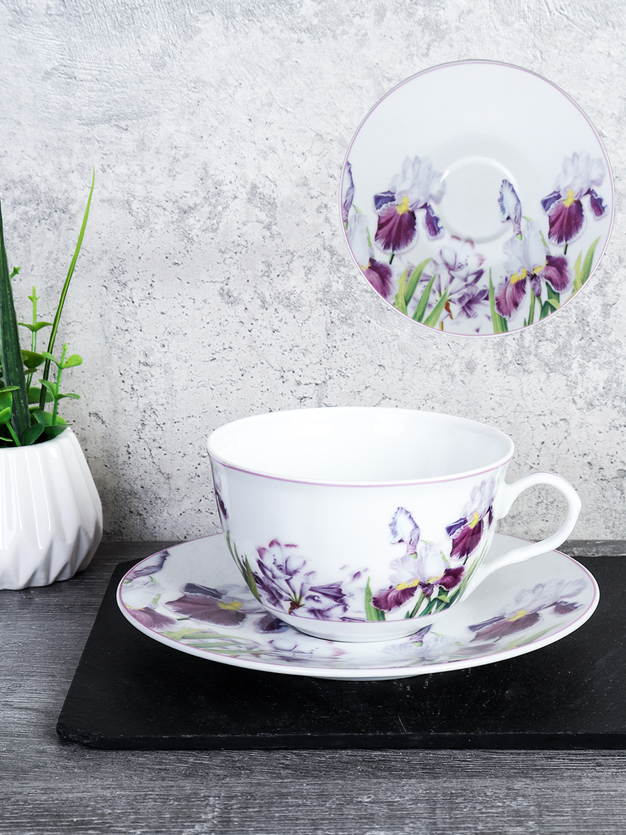 Чайная пара 2 предмета 270 мл тонкостенный Ирисы/  LY-1205 / в подарочной упаковке