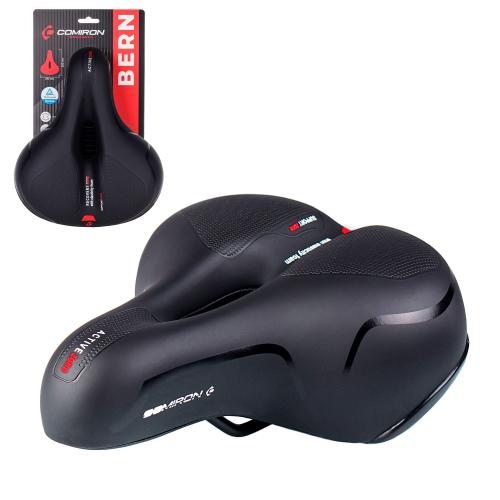 Седло велосипедное комфортное COMIRON BERN N669A 255x210, Технологии: ED, Эластомер, Верх: PU с пресс. принтом, Цвет: Чёрный+Красный/ АКЦИЯ /уп 20/
