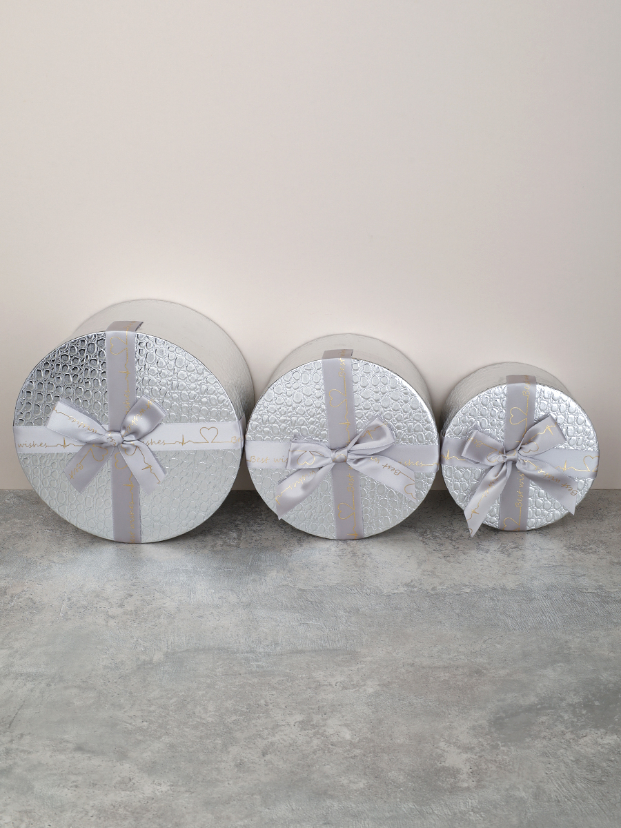 Коробка подарочная круглая 3 штуки 20х20х11 см / 3406-03 /уп 30/серебро