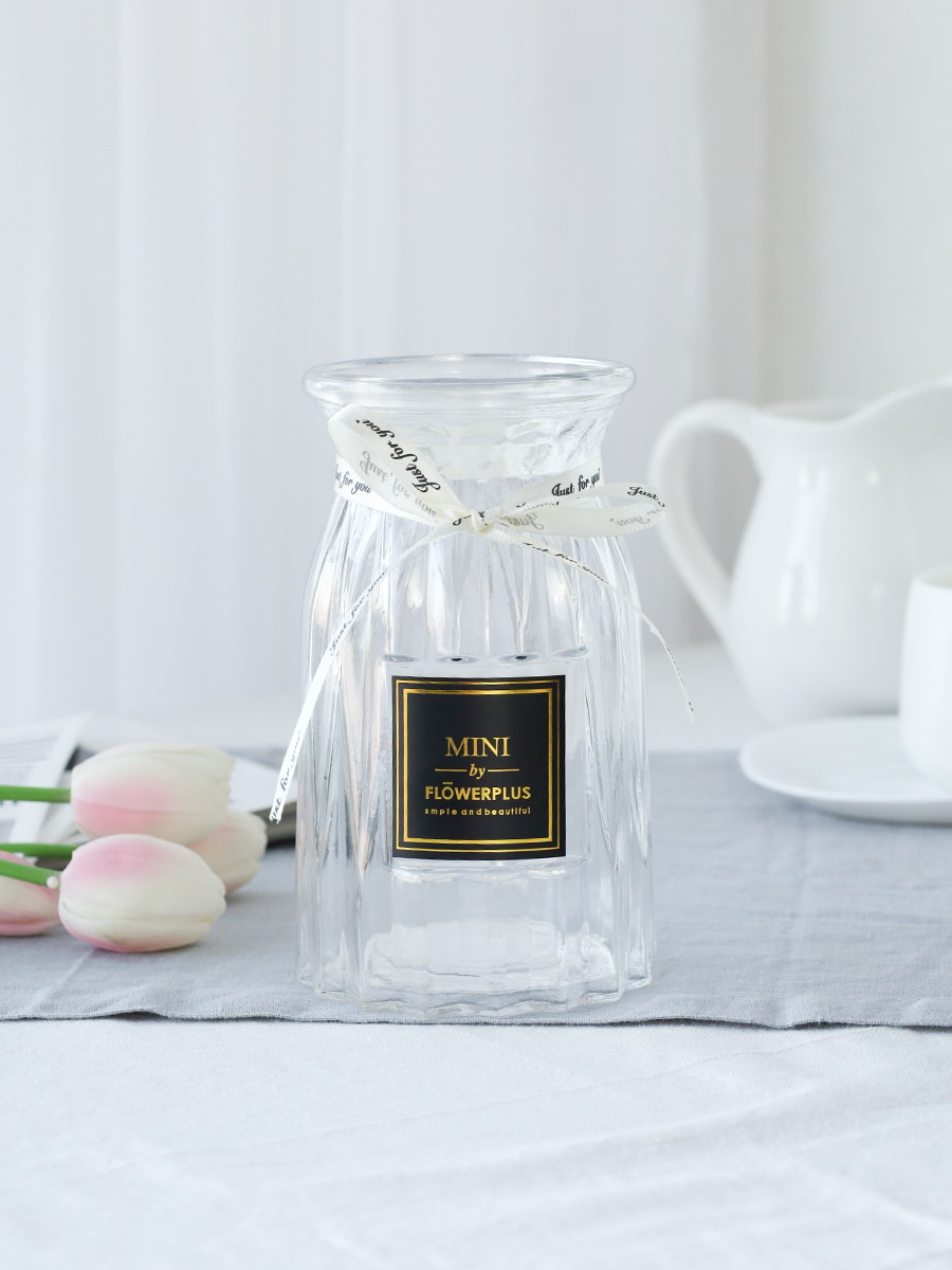 Ваза для цветов 18 см прозрачная с лентой этикетка / WRD-141 /уп 30/ без и/уп