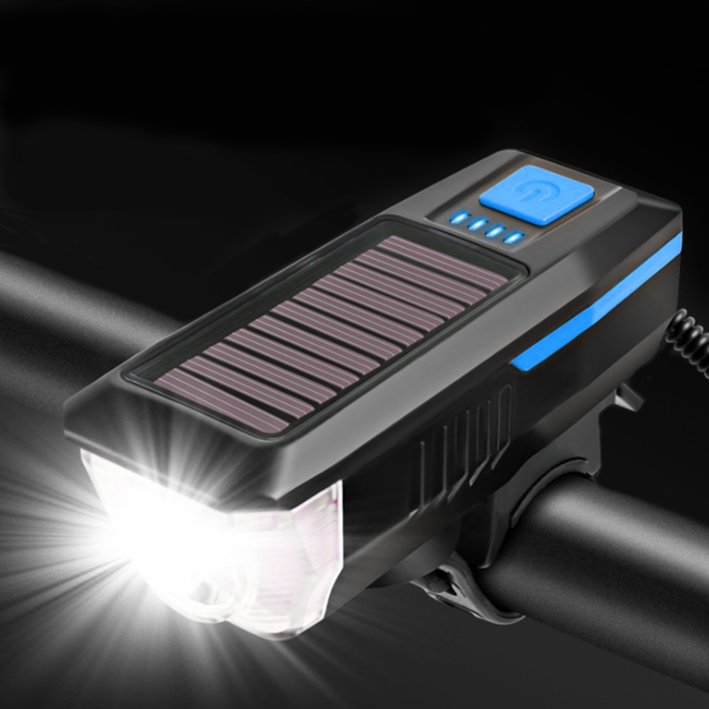 Фонарь передний COMIRON "SUN2" корпус ABS IPX4 свет T6, 350lm; аккум 2000 mAh USB сигнал 120Дб влагозащищённый подзарядка от солнца синий /уп 30/120/