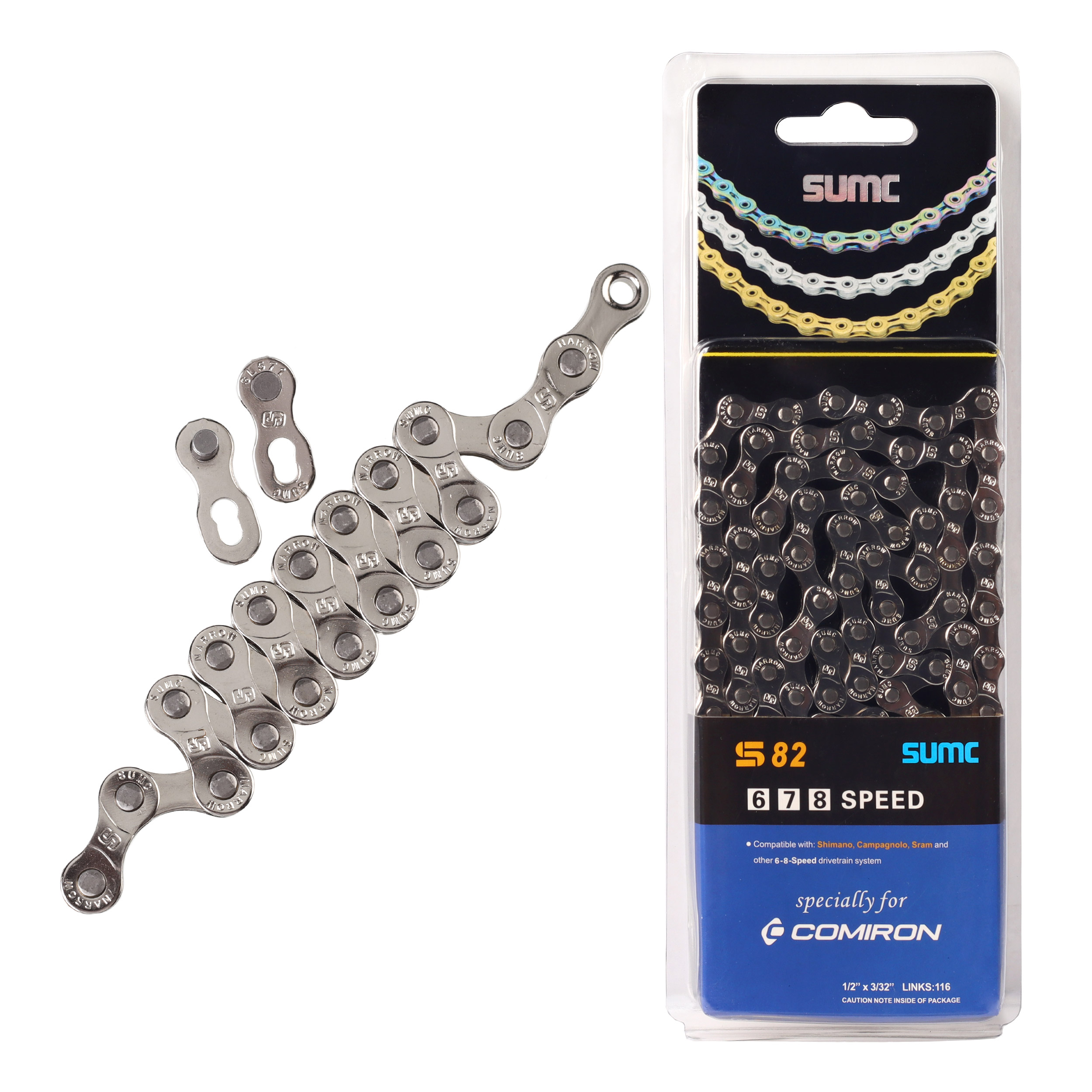 Велосипедная цепь SUMC 8 speed S82NP 1/2"x3/32"116L ГОСТ 30442-97 ISO 9633/уп 50/