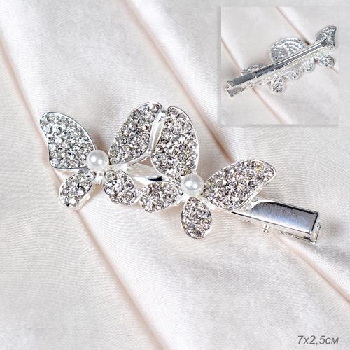 Заколка-зажим для волос 7 см Бабочки / NK-17 /уп 12/серебро