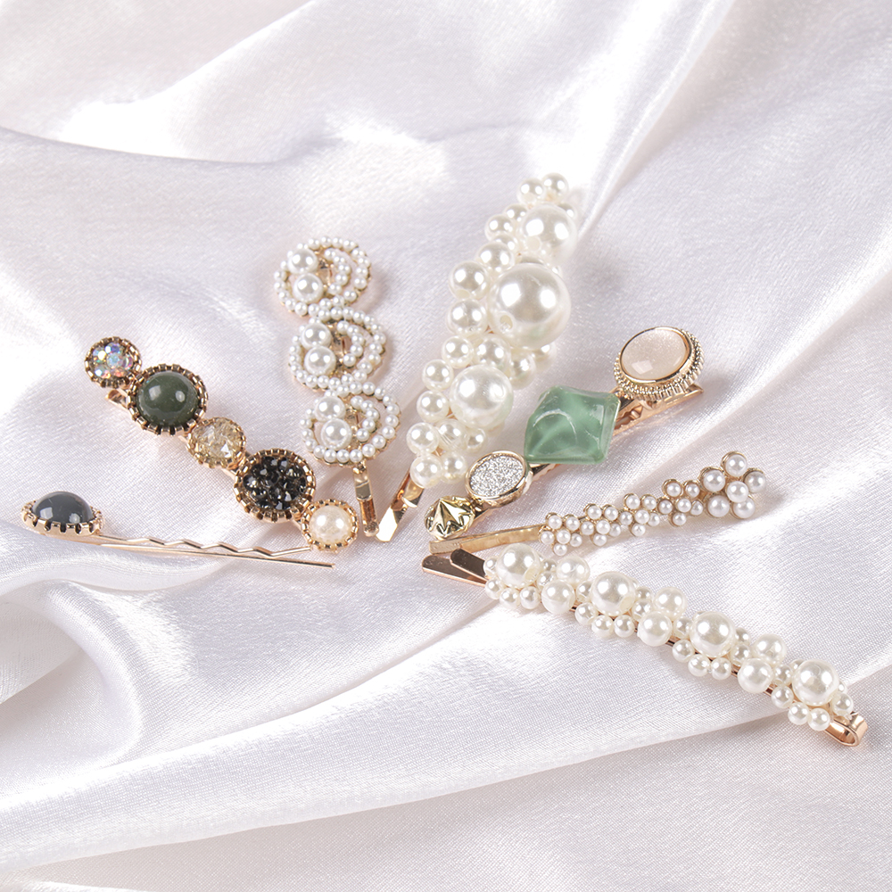 Заколка-зажим 7-8 см набор 7 штук / 2125-74 /уп 12/жемчуг/стразы