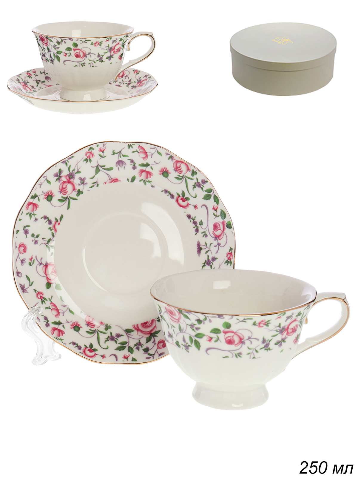 Чайный набор 12 предметов 250 мл на ножке / RS/12-PS-203001 /уп 8/ Роза по канту