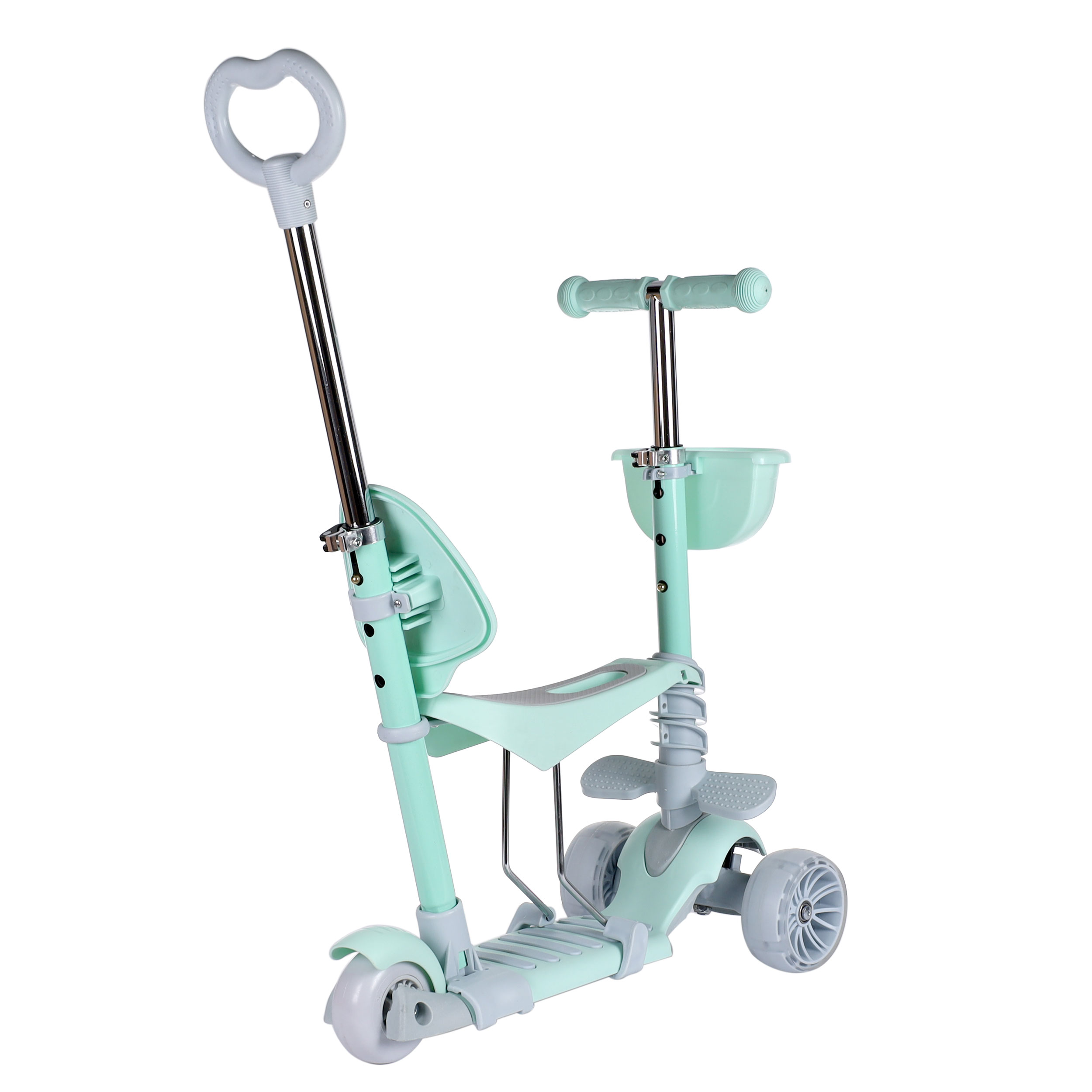 Самокат трёхколёсный  с сиденьем и родительской ручкой для детей от 2-х лет Yeenot 4110D светящиеся колёса PU 120x50 цвет нежно-зеленый /уп 6/