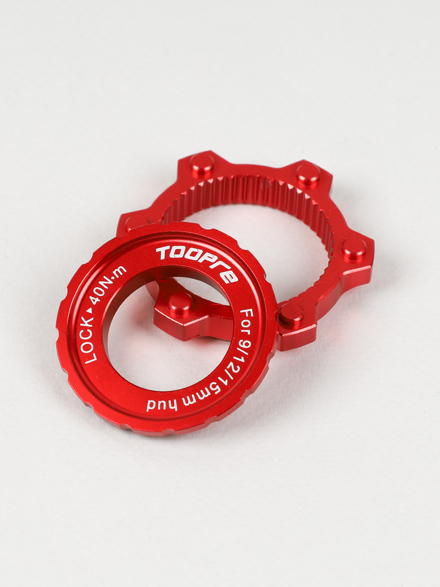 Адаптер тормозного диска (ротора) Six-hole (6 болтов) под крепление втулки Centerlock hub. TOOPRE CLDA-01 Комплект адаптер+ чашка. Красный