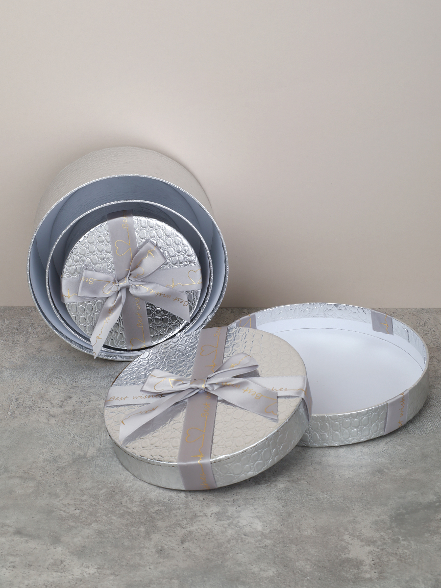 Коробка подарочная круглая 3 штуки 20х20х11 см / 3406-03 /уп 30/серебро