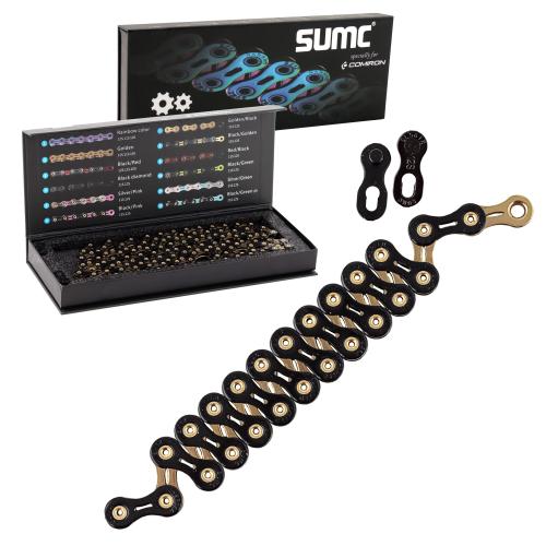 Велосипедная цепь SUMC SX12SL, 12 speed, 1/2"x11/128", 126 звеньев, суперлайт 244 г (SHIMANO M9100 / KMC DLXC12), ГОСТ 30442-97 ISO 9633, BLACK-GOLD
