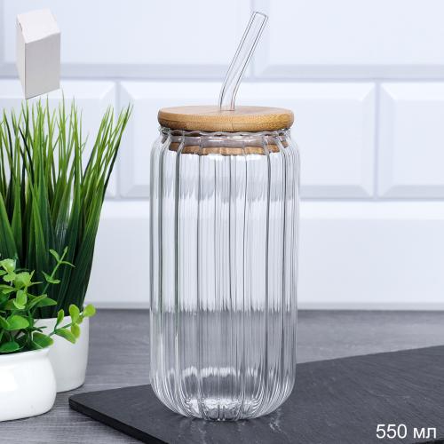 Стакан для смузи с трубочкой бамбуковая крышка 550 мл / LCWB10219 /уп 90/*Ц
