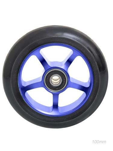 Колесо PU для трюкового самоката 100мм, обод алюминевый анодированный синий с подшипниками ABEC-9 /уп 120/