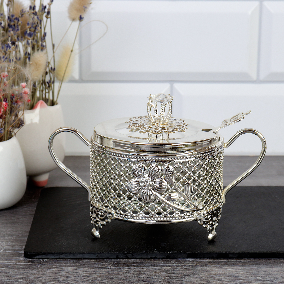 Сахарница 200 мл с ложкой / 889-3-SILVER /уп 96/