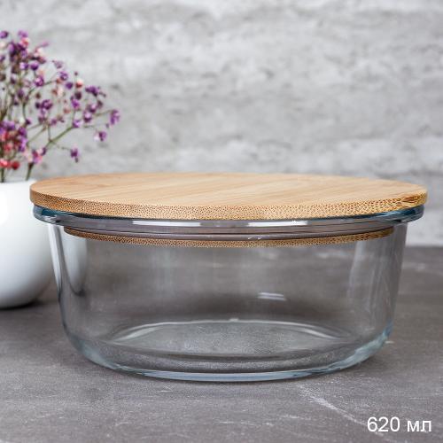 Контейнер круглый крышка бамбук 620 мл стекло / L-115 /уп 36/