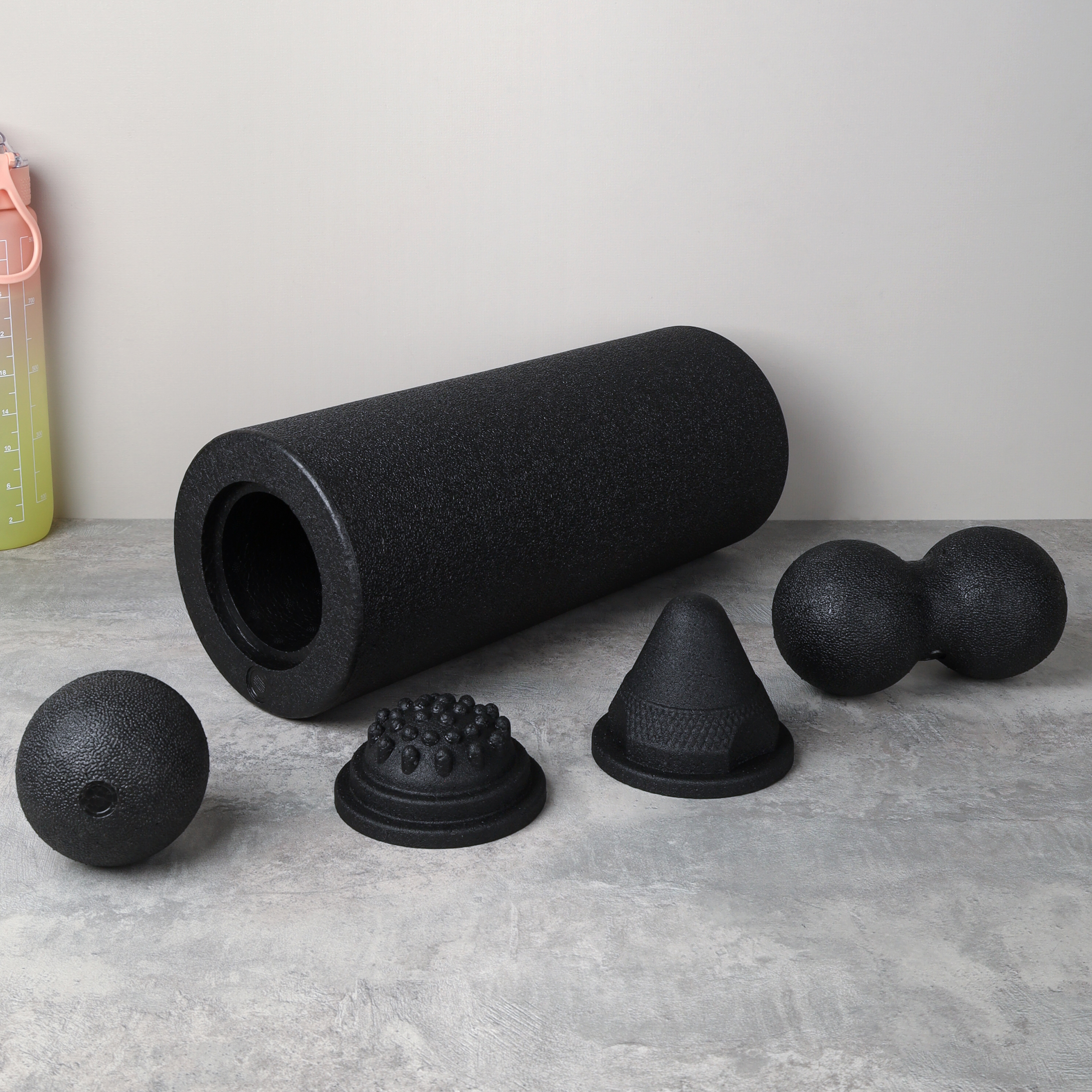 Набор массажный для МФР 5в1 / Ролик 37Х15/ мяч 8см /двойной мяч 16Х8 / массажный конус 9.8Х8  / массажная полусфера 9.8Х4.5 / Black /уп 12