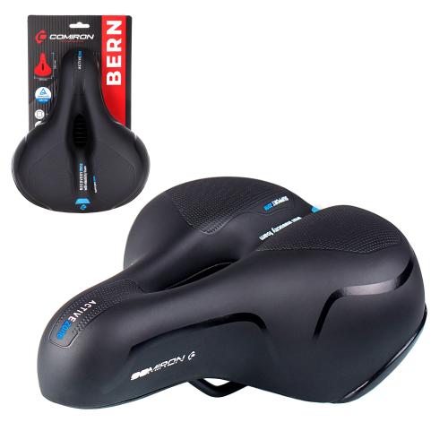 Седло велосипедное комфортное COMIRON BERN N669A 255x210, Технологии: ED, Эластомер, Верх: PU с пресс. принтом, Цвет: Чёрный+Синий/ АКЦИЯ /уп 20/