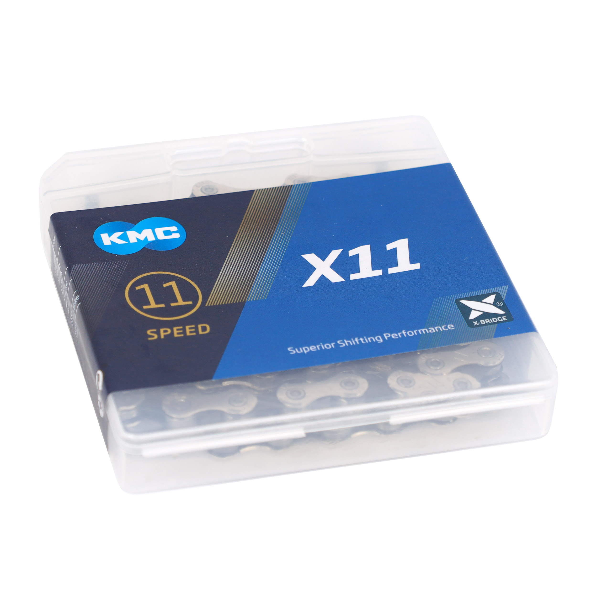 Велосипедная цепь KMC 11 speed. X11. 1/2"x11/128"116звеньев. Asymmetrical 
chamfering. 100% Compatibility. С замком./уп 30/